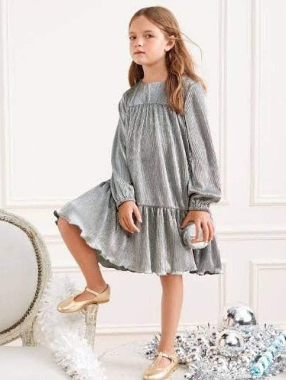 NWT Hanna Andersson Metallic Silver/Green Tiered Dress 6-7Y